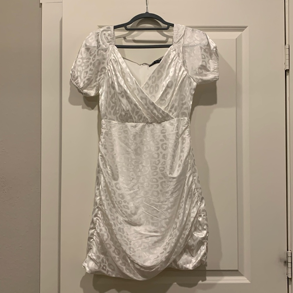 White Satin Leopard Cheetah Ruched Mini Dress
